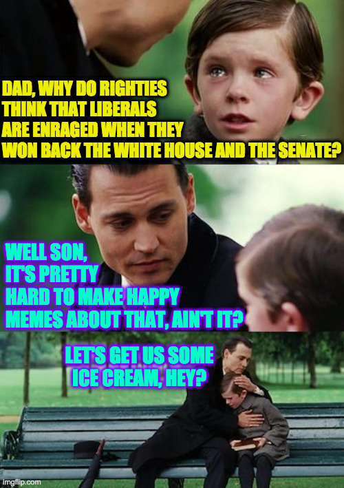 Finding Neverland Meme | DAD, WHY DO RIGHTIES
THINK THAT LIBERALS
ARE ENRAGED WHEN THEY
WON BACK THE WHITE HOUSE AND THE SENATE? WELL SON,
IT'S PRETTY
HARD TO MAKE H | image tagged in memes,finding neverland | made w/ Imgflip meme maker