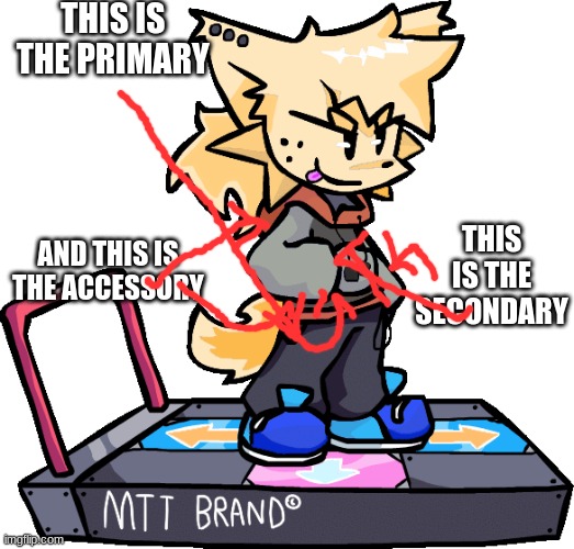 Ms Night Funkin theONLYrandomdoggo But I Made Him Kapi This Time | THIS IS THE PRIMARY THIS IS THE SECONDARY AND THIS IS THE ACCESSORY | image tagged in ms night funkin theonlyrandomdoggo but i made him kapi this time | made w/ Imgflip meme maker