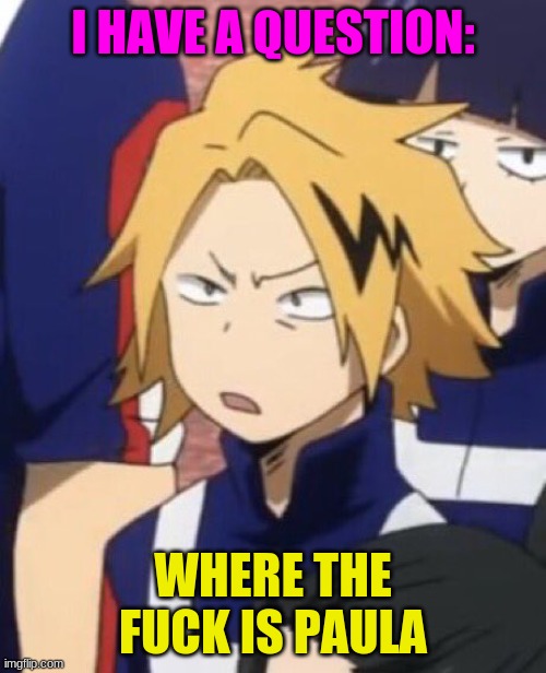 Did she delete? I just can't find her profile | I HAVE A QUESTION:; WHERE THE FUCK IS PAULA | image tagged in confused denki | made w/ Imgflip meme maker