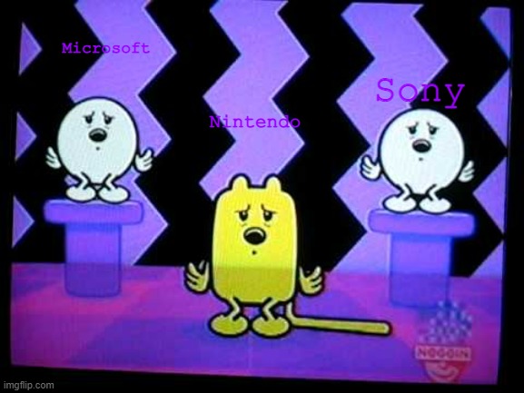 The three gaming companies being pumped too much | Sony; Microsoft; Nintendo | image tagged in tired wubbzy and others,gaming | made w/ Imgflip meme maker