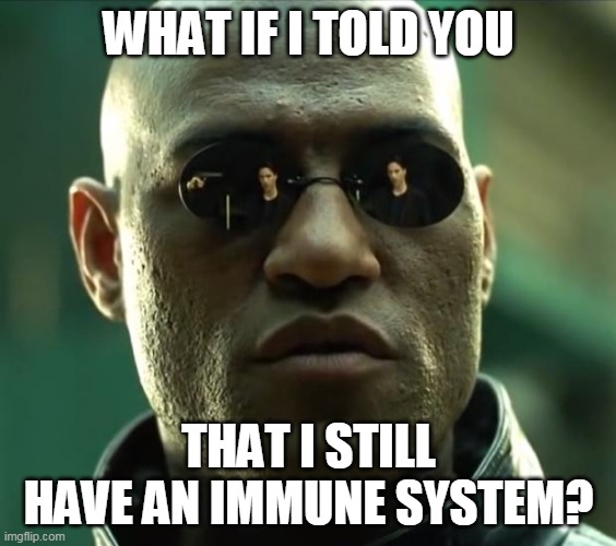 I Still Have an Immune System |  WHAT IF I TOLD YOU; THAT I STILL HAVE AN IMMUNE SYSTEM? | image tagged in morpheus | made w/ Imgflip meme maker