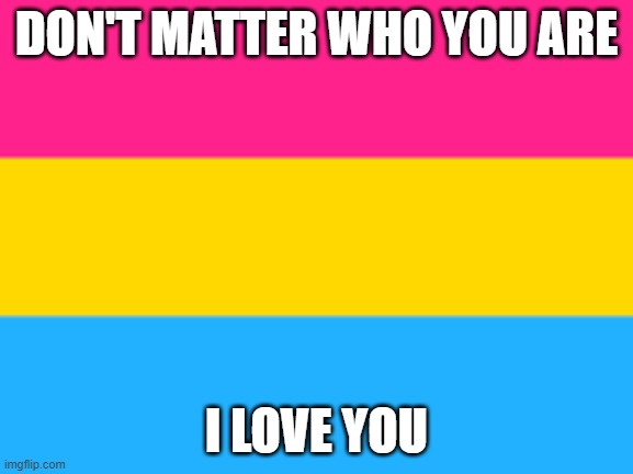 I'm pan, my man | DON'T MATTER WHO YOU ARE I LOVE YOU | image tagged in pansexual flag | made w/ Imgflip meme maker