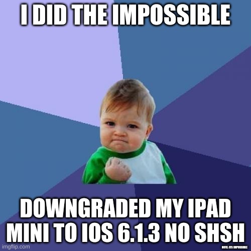 Success Kid Meme | I DID THE IMPOSSIBLE; DOWNGRADED MY IPAD MINI TO IOS 6.1.3 NO SHSH; NOTE: ITS IMPOSSIBLE | image tagged in memes,success kid | made w/ Imgflip meme maker