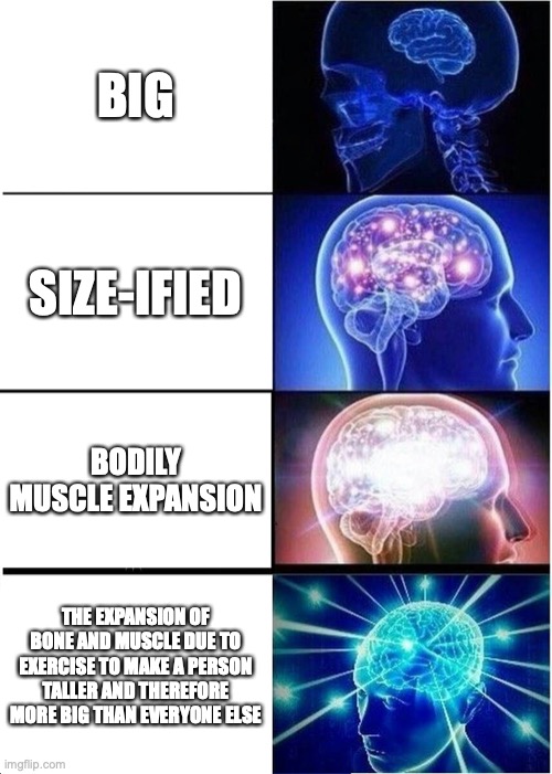 b i g |  BIG; SIZE-IFIED; BODILY MUSCLE EXPANSION; THE EXPANSION OF BONE AND MUSCLE DUE TO EXERCISE TO MAKE A PERSON TALLER AND THEREFORE MORE BIG THAN EVERYONE ELSE | image tagged in memes,expanding brain | made w/ Imgflip meme maker
