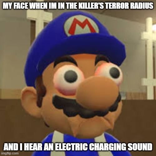 Doctor's coming | MY FACE WHEN IM IN THE KILLER'S TERROR RADIUS; AND I HEAR AN ELECTRIC CHARGING SOUND | image tagged in smg4 oh shit,dead by daylight | made w/ Imgflip meme maker