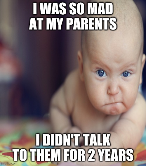I WAS SO MAD AT MY PARENTS; I DIDN'T TALK TO THEM FOR 2 YEARS | image tagged in angry baby | made w/ Imgflip meme maker