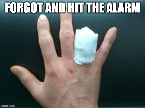 amputated finger | FORGOT AND HIT THE ALARM | image tagged in amputated finger | made w/ Imgflip meme maker