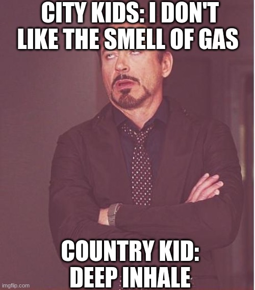 gas | CITY KIDS: I DON'T LIKE THE SMELL OF GAS; COUNTRY KID: DEEP INHALE | image tagged in memes,face you make robert downey jr | made w/ Imgflip meme maker