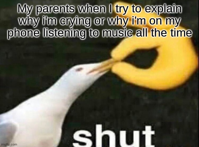 Wish my parents understood that i'm not lazy i'm just depressed | My parents when I try to explain why i'm crying or why i'm on my phone listening to music all the time | image tagged in shut | made w/ Imgflip meme maker