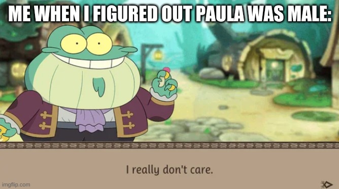its not that big of a deal, unless you're bryce | ME WHEN I FIGURED OUT PAULA WAS MALE: | image tagged in i really don't care | made w/ Imgflip meme maker
