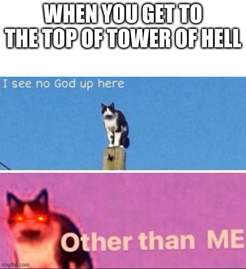 I see no god up here | WHEN YOU GET TO THE TOP OF TOWER OF HELL | image tagged in i see no god up here | made w/ Imgflip meme maker