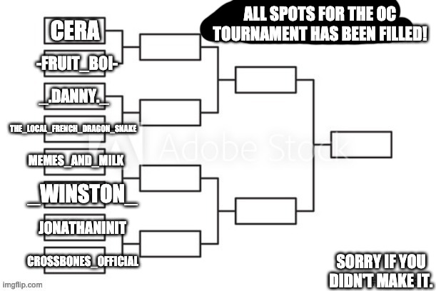 Tournament will start at 1:00 PM PST. | ALL SPOTS FOR THE OC TOURNAMENT HAS BEEN FILLED! MEMES_AND_MILK; _WINSTON_; JONATHANINIT; SORRY IF YOU DIDN'T MAKE IT. CROSSBONES_OFFICIAL | made w/ Imgflip meme maker