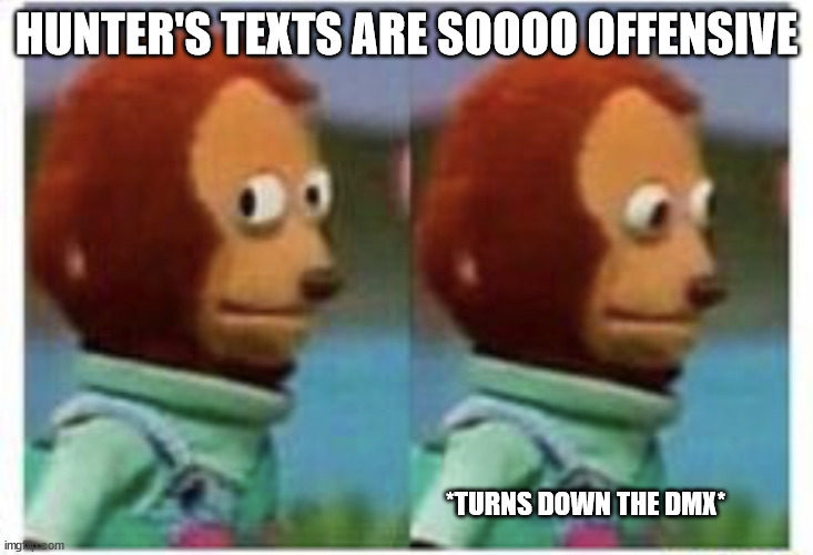 side eye teddy | HUNTER'S TEXTS ARE SOOOO OFFENSIVE; *TURNS DOWN THE DMX* | image tagged in side eye teddy | made w/ Imgflip meme maker