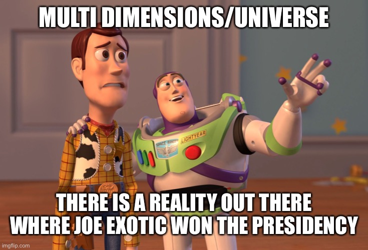 Dreams do happen somewhere | MULTI DIMENSIONS/UNIVERSE; THERE IS A REALITY OUT THERE WHERE JOE EXOTIC WON THE PRESIDENCY | image tagged in memes,x x everywhere | made w/ Imgflip meme maker