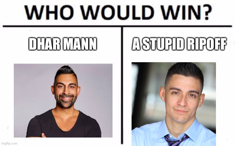 Comment what you think (and yes mods, I'm also talking to you) | DHAR MANN; A STUPID RIPOFF | image tagged in memes,who would win | made w/ Imgflip meme maker