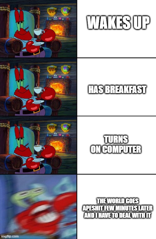 What a crazy life I live in. | WAKES UP; HAS BREAKFAST; TURNS ON COMPUTER; THE WORLD GOES APESHIT FEW MINUTES LATER AND I HAVE TO DEAL WITH IT | image tagged in shocked mr krabs | made w/ Imgflip meme maker