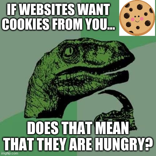 Look at that cute cookie in the top right | IF WEBSITES WANT COOKIES FROM YOU... DOES THAT MEAN THAT THEY ARE HUNGRY? | image tagged in memes,philosoraptor,cookie,websites,website,meme | made w/ Imgflip meme maker