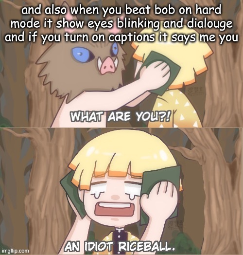 An Idiot Riceball | and also when you beat bob on hard mode it show eyes blinking and dialouge and if you turn on captions it says me you | image tagged in an idiot riceball | made w/ Imgflip meme maker