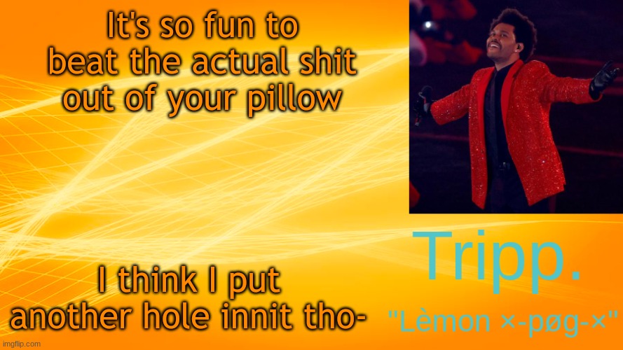 what da dog doin? | It's so fun to beat the actual shit out of your pillow; I think I put another hole innit tho- | image tagged in the weekend-blinding lights tripp temp | made w/ Imgflip meme maker