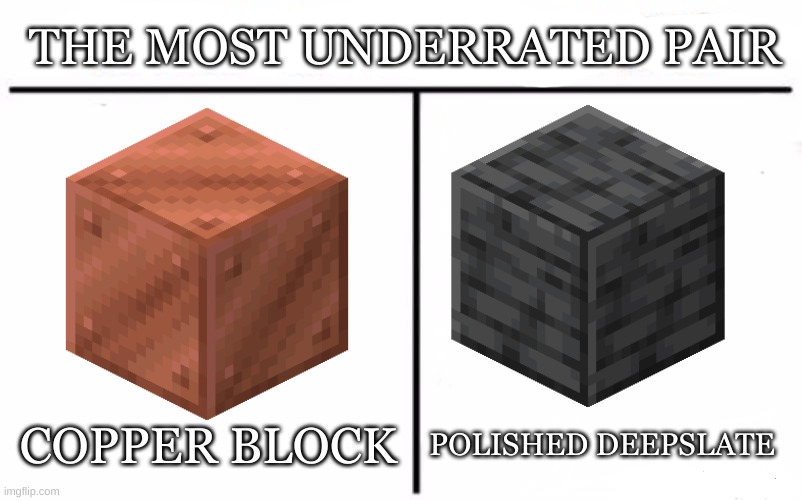1.,17 |  THE MOST UNDERRATED PAIR; COPPER BLOCK; POLISHED DEEPSLATE | image tagged in memes,who would win | made w/ Imgflip meme maker