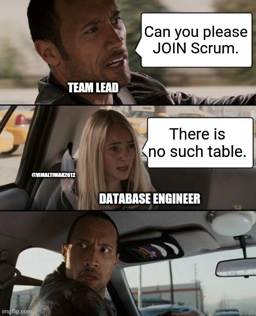 Scrum fun | Can you please JOIN Scrum. TEAM LEAD; There is no such table. @VIMALTIWAR2612; DATABASE ENGINEER | image tagged in memes,the rock driving | made w/ Imgflip meme maker
