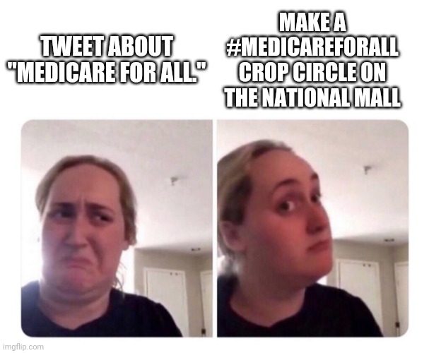 Medicare For All | MAKE A #MEDICAREFORALL CROP CIRCLE ON THE NATIONAL MALL; TWEET ABOUT "MEDICARE FOR ALL." | image tagged in no yes lady | made w/ Imgflip meme maker