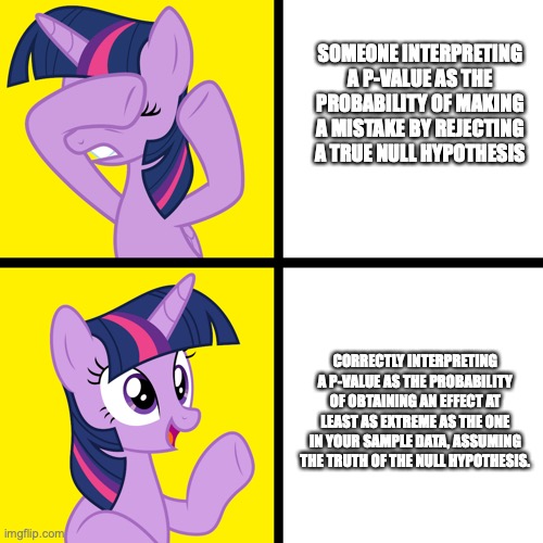 Twilight Sparkle Disapproves/Approves | SOMEONE INTERPRETING A P-VALUE AS THE PROBABILITY OF MAKING A MISTAKE BY REJECTING A TRUE NULL HYPOTHESIS; CORRECTLY INTERPRETING A P-VALUE AS THE PROBABILITY OF OBTAINING AN EFFECT AT LEAST AS EXTREME AS THE ONE IN YOUR SAMPLE DATA, ASSUMING THE TRUTH OF THE NULL HYPOTHESIS. | image tagged in twilight sparkle disapproves/approves | made w/ Imgflip meme maker