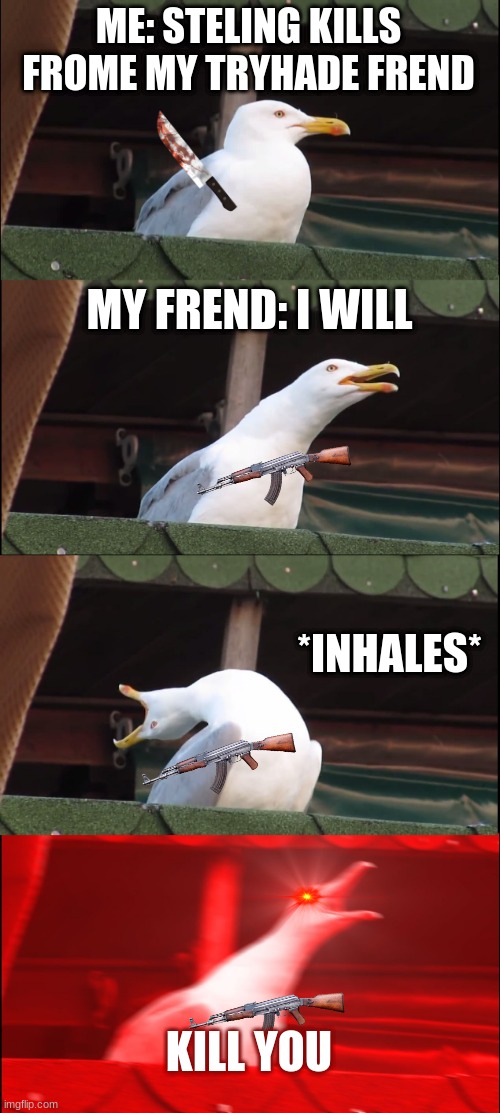 me and my frend in cod | ME: STELING KILLS FROME MY TRYHADE FREND; MY FREND: I WILL; *INHALES*; KILL YOU | image tagged in memes,inhaling seagull | made w/ Imgflip meme maker
