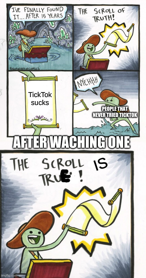 hello :) | TickTok sucks; PEOPLE THAT NEVER TRIED TICKTOK; AFTER WACHING ONE; IS | image tagged in memes,the scroll of truth,funny | made w/ Imgflip meme maker