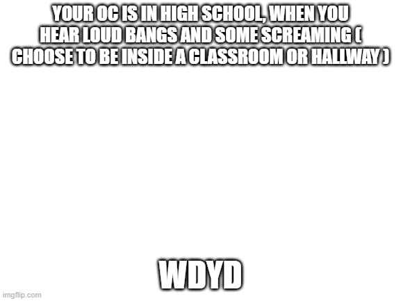 School Schooting | YOUR OC IS IN HIGH SCHOOL, WHEN YOU HEAR LOUD BANGS AND SOME SCREAMING ( CHOOSE TO BE INSIDE A CLASSROOM OR HALLWAY ); WDYD | image tagged in blank white template | made w/ Imgflip meme maker