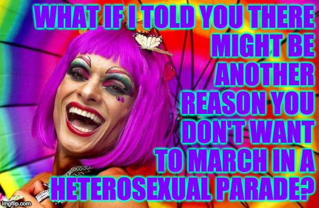 gay pride | WHAT IF I TOLD YOU THERE
MIGHT BE
ANOTHER
REASON YOU
DON'T WANT
TO MARCH IN A
HETEROSEXUAL PARADE? | image tagged in gay pride | made w/ Imgflip meme maker