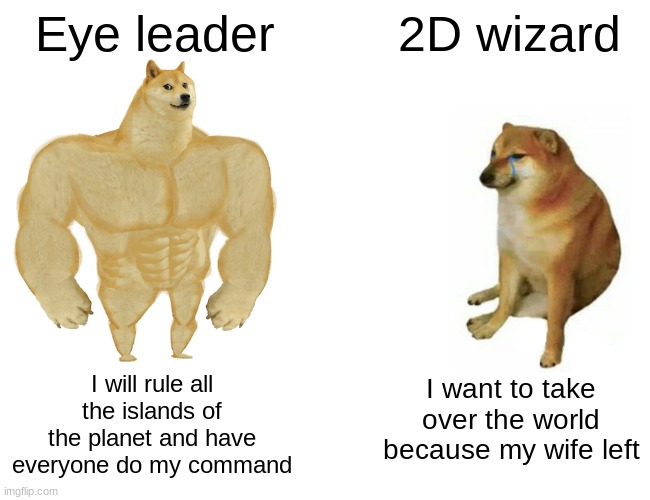 Comparing villeins part 2 | Eye leader; 2D wizard; I want to take over the world because my wife left; I will rule all the islands of the planet and have everyone do my command | image tagged in memes,buff doge vs cheems | made w/ Imgflip meme maker