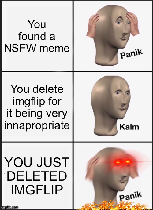 NOOOO NOT IMGFLIP!!!! ;n; |  You found a NSFW meme; You delete imgflip for it being very innapropriate; YOU JUST DELETED IMGFLIP | image tagged in memes,panik kalm panik | made w/ Imgflip meme maker