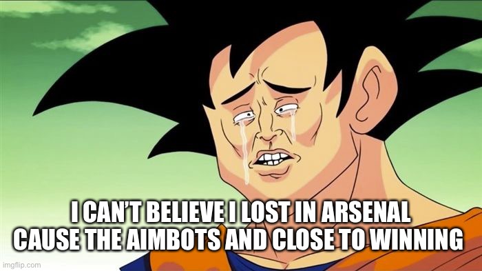 Goku Sad | I CAN’T BELIEVE I LOST IN ARSENAL CAUSE THE AIMBOTS AND CLOSE TO WINNING | image tagged in goku sad | made w/ Imgflip meme maker