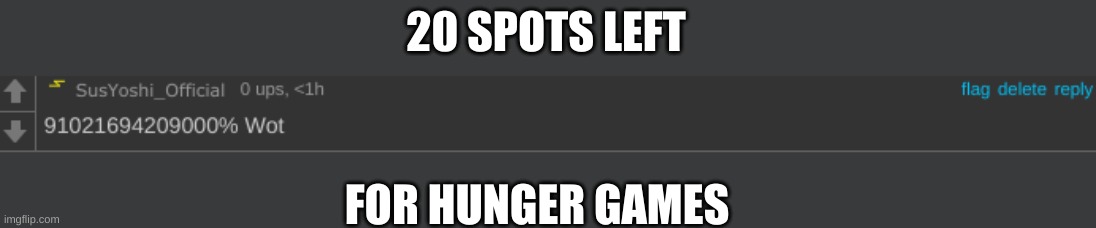 91021694209000% wot | 20 SPOTS LEFT; FOR HUNGER GAMES | image tagged in 91021694209000 wot | made w/ Imgflip meme maker