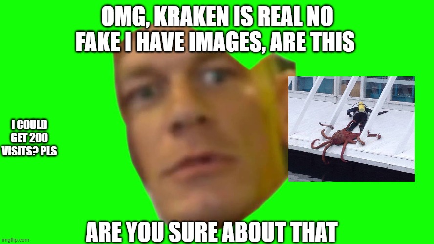 Are you sure about that? (Cena) | OMG, KRAKEN IS REAL NO FAKE I HAVE IMAGES, ARE THIS; I COULD GET 200 VISITS? PLS; ARE YOU SURE ABOUT THAT | image tagged in are you sure about that cena | made w/ Imgflip meme maker
