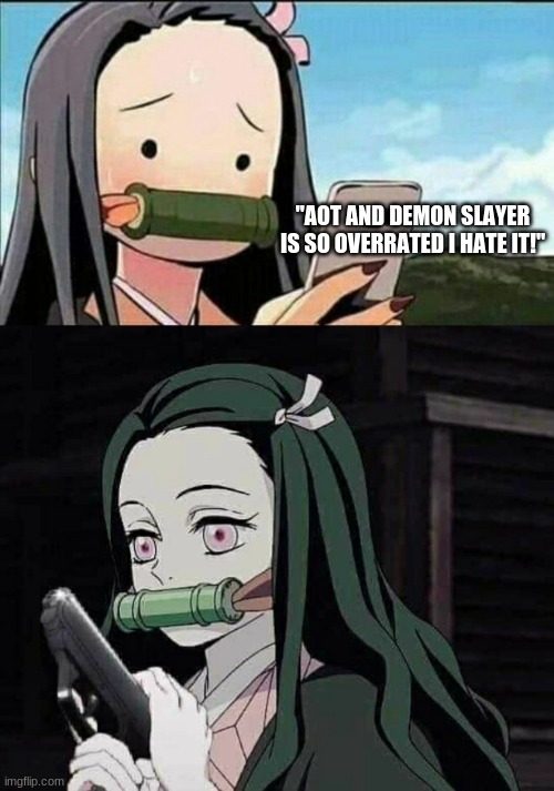 Nezuko gun | "AOT AND DEMON SLAYER IS SO OVERRATED I HATE IT!" | image tagged in aot,demon slayer | made w/ Imgflip meme maker