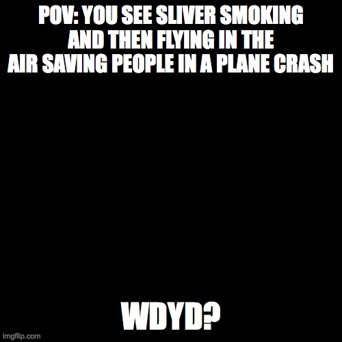 Blank black  template | POV: YOU SEE SLIVER SMOKING AND THEN FLYING IN THE AIR SAVING PEOPLE IN A PLANE CRASH; WDYD? | image tagged in blank black template | made w/ Imgflip meme maker