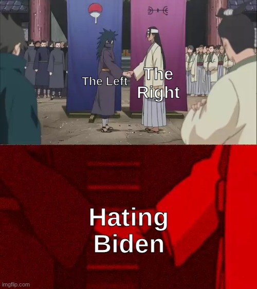 To be fair, I don't really hate him as much as I... dislike him | The Right; The Left; Hating Biden | image tagged in naruto handshake meme template,political meme,biden,trump | made w/ Imgflip meme maker