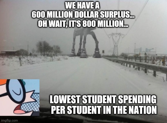 pandemic aid went where? | WE HAVE A 
600 MILLION DOLLAR SURPLUS...
OH WAIT, IT'S 800 MILLION... LOWEST STUDENT SPENDING 
PER STUDENT IN THE NATION | image tagged in meanwhile in idaho | made w/ Imgflip meme maker