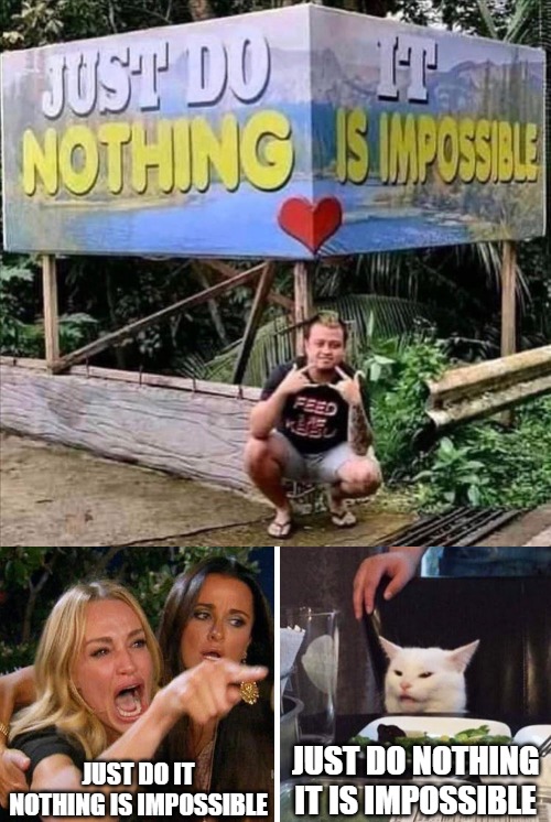 JUST DO IT
NOTHING IS IMPOSSIBLE; JUST DO NOTHING
IT IS IMPOSSIBLE | image tagged in smudge the cat,memes,signs | made w/ Imgflip meme maker