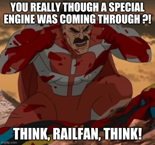 THINK RAILFAN, THINK!! |  YOU REALLY THOUGH A SPECIAL ENGINE WAS COMING THROUGH ?! THINK, RAILFAN, THINK! | image tagged in think mark think | made w/ Imgflip meme maker