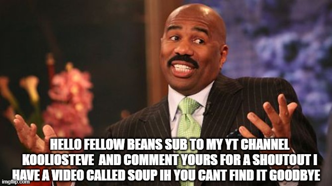 please sub i have 6 subs rn and my twitch is also kooilosteve and so is my tiktok those are my only socials if you sub now i wil | HELLO FELLOW BEANS SUB TO MY YT CHANNEL KOOLIOSTEVE  AND COMMENT YOURS FOR A SHOUTOUT I HAVE A VIDEO CALLED SOUP IH YOU CANT FIND IT GOODBYE | image tagged in memes,steve harvey,subscribe,youtuber,youtube | made w/ Imgflip meme maker