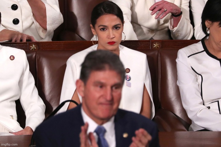 AOC staring down Joe Manchin | image tagged in aoc staring down joe manchin | made w/ Imgflip meme maker