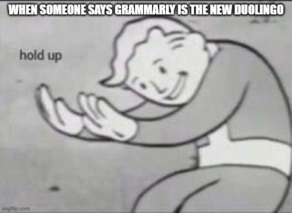 it might be truewhat do you think | WHEN SOMEONE SAYS GRAMMARLY IS THE NEW DUOLINGO | image tagged in fallout hold up,memes,funny | made w/ Imgflip meme maker