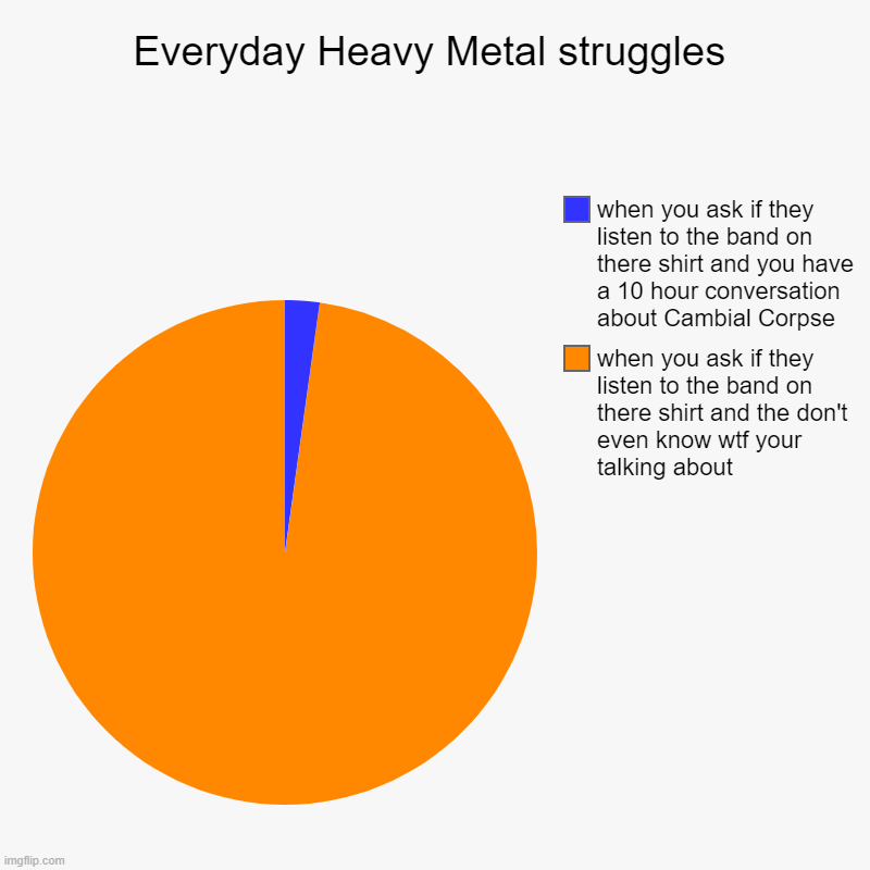 So true... | Everyday Heavy Metal struggles | when you ask if they listen to the band on there shirt and the don't even know wtf your talking about, when | image tagged in charts,pie charts,heavy metal | made w/ Imgflip chart maker