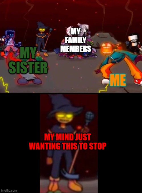 LOL |  MY FAMILY MEMBERS; ME; MY SISTER; MY MIND JUST WANTING THIS TO STOP | image tagged in zardy's pure dissapointment,lol,memes | made w/ Imgflip meme maker