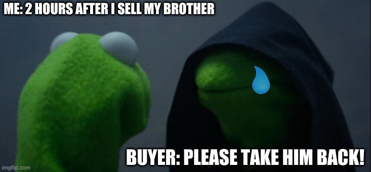 When you sell your brother | ME: 2 HOURS AFTER I SELL MY BROTHER; BUYER: PLEASE TAKE HIM BACK! | image tagged in memes,evil kermit | made w/ Imgflip meme maker