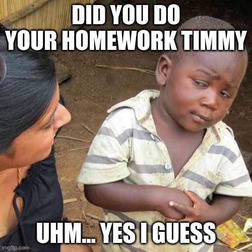 Third World Skeptical Kid Meme | DID YOU DO YOUR HOMEWORK TIMMY; UHM... YES I GUESS | image tagged in memes,third world skeptical kid | made w/ Imgflip meme maker