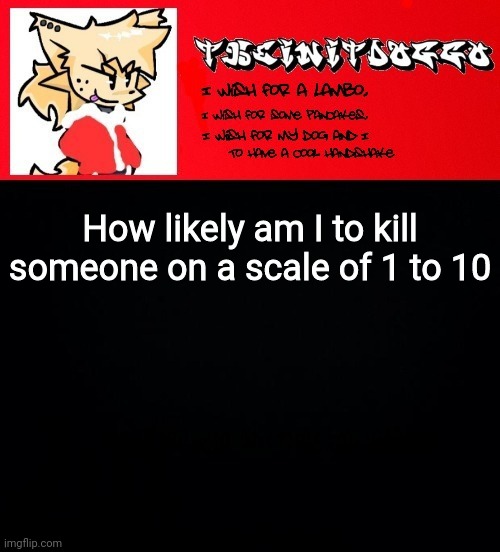 jonathaninit but doggo | How likely am I to kill someone on a scale of 1 to 10 | image tagged in jonathaninit but doggo | made w/ Imgflip meme maker